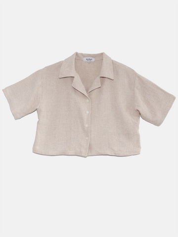 Loose-fitting linen-effect cropped shirt
